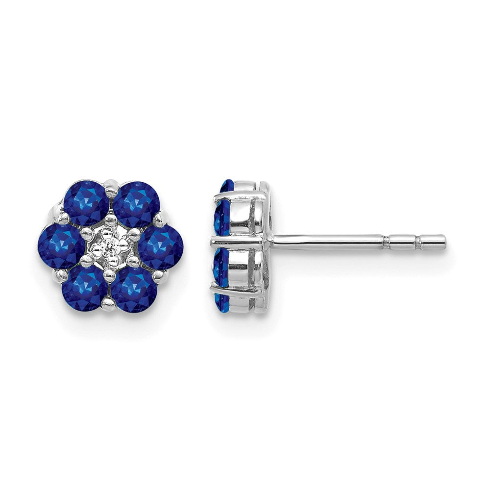 14k White Gold Polished Sapphire and Diamond Floral Post Earrings
