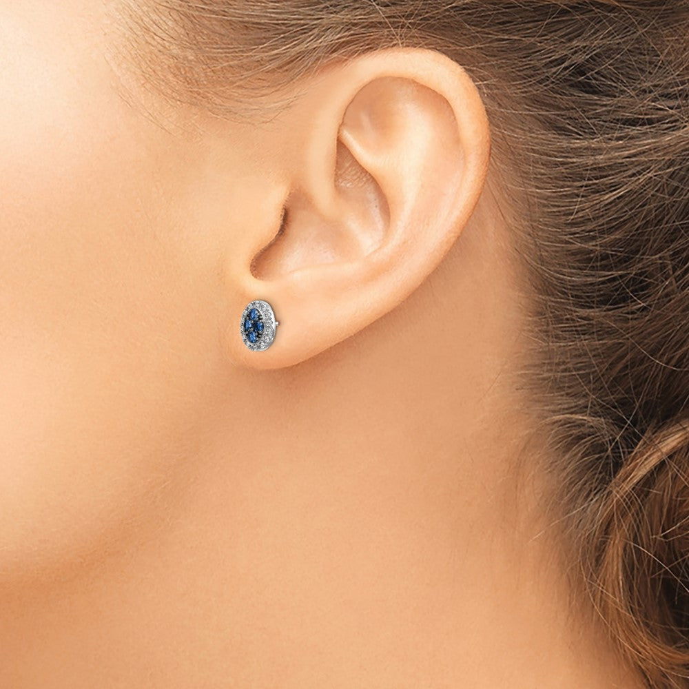 14k White Gold Sapphire Cluster and Diamond Halo Oval Post Earrings