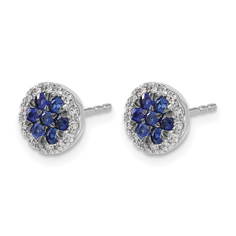 14k White Gold Sapphire Cluster and Diamond Halo Round Post Earrings