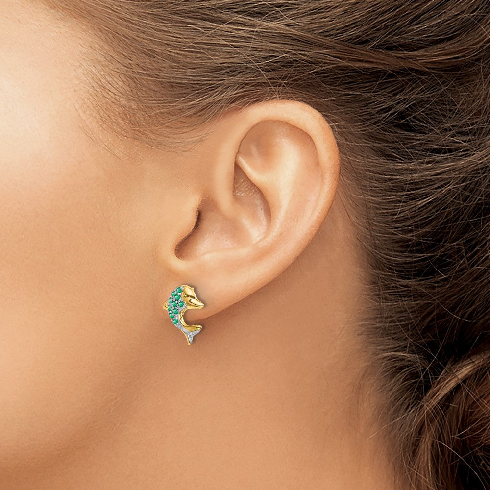 14k and White Rhodium Emerald and Diamond Dolphin Post Earrings