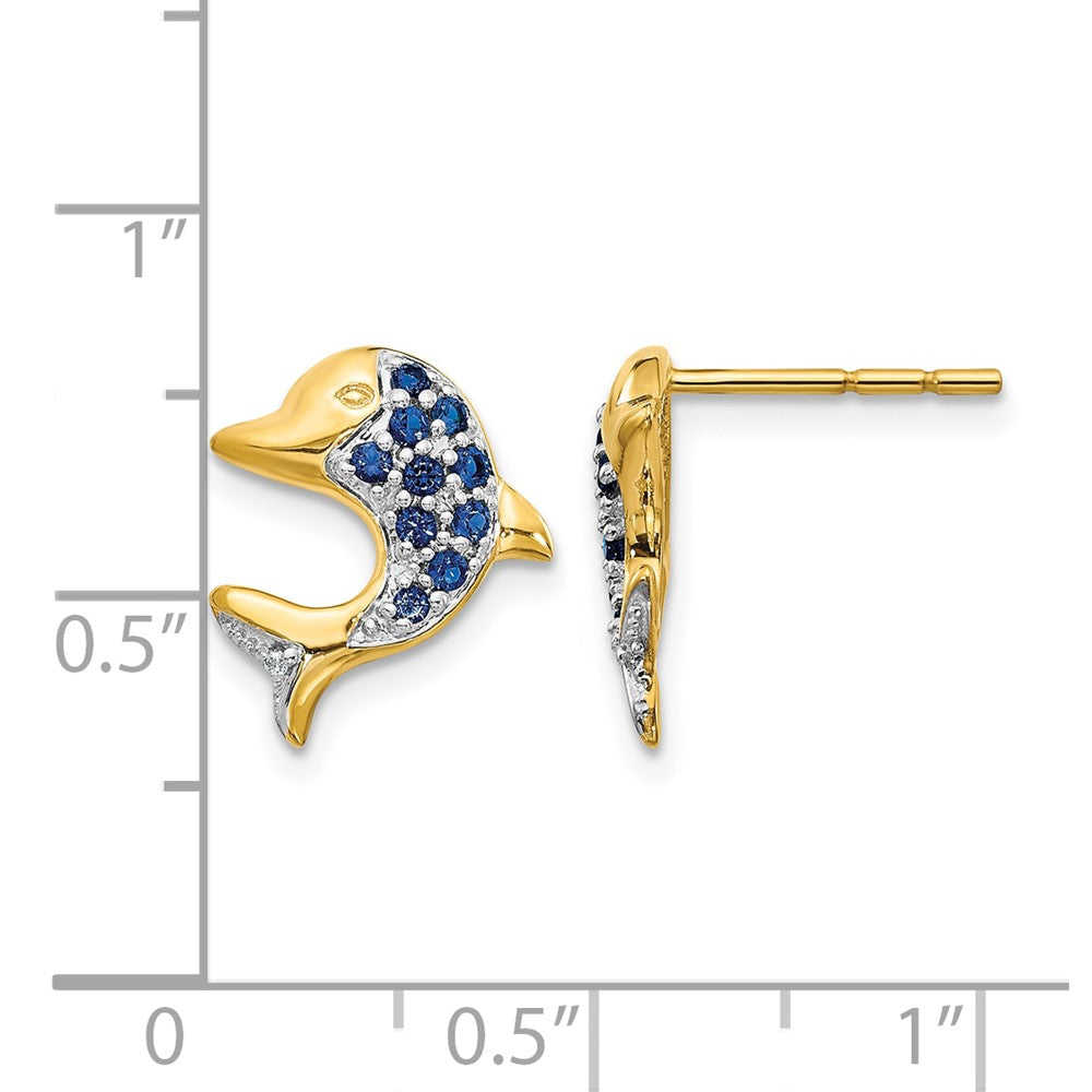 14k and White Rhodium Sapphire and Diamond Dolphin Post Earrings