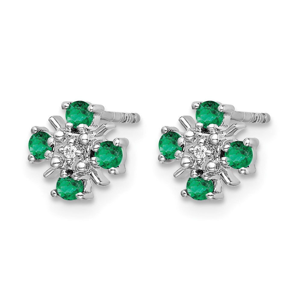 14k White Gold 2mm Round Emerald and Diamond Post Earrings