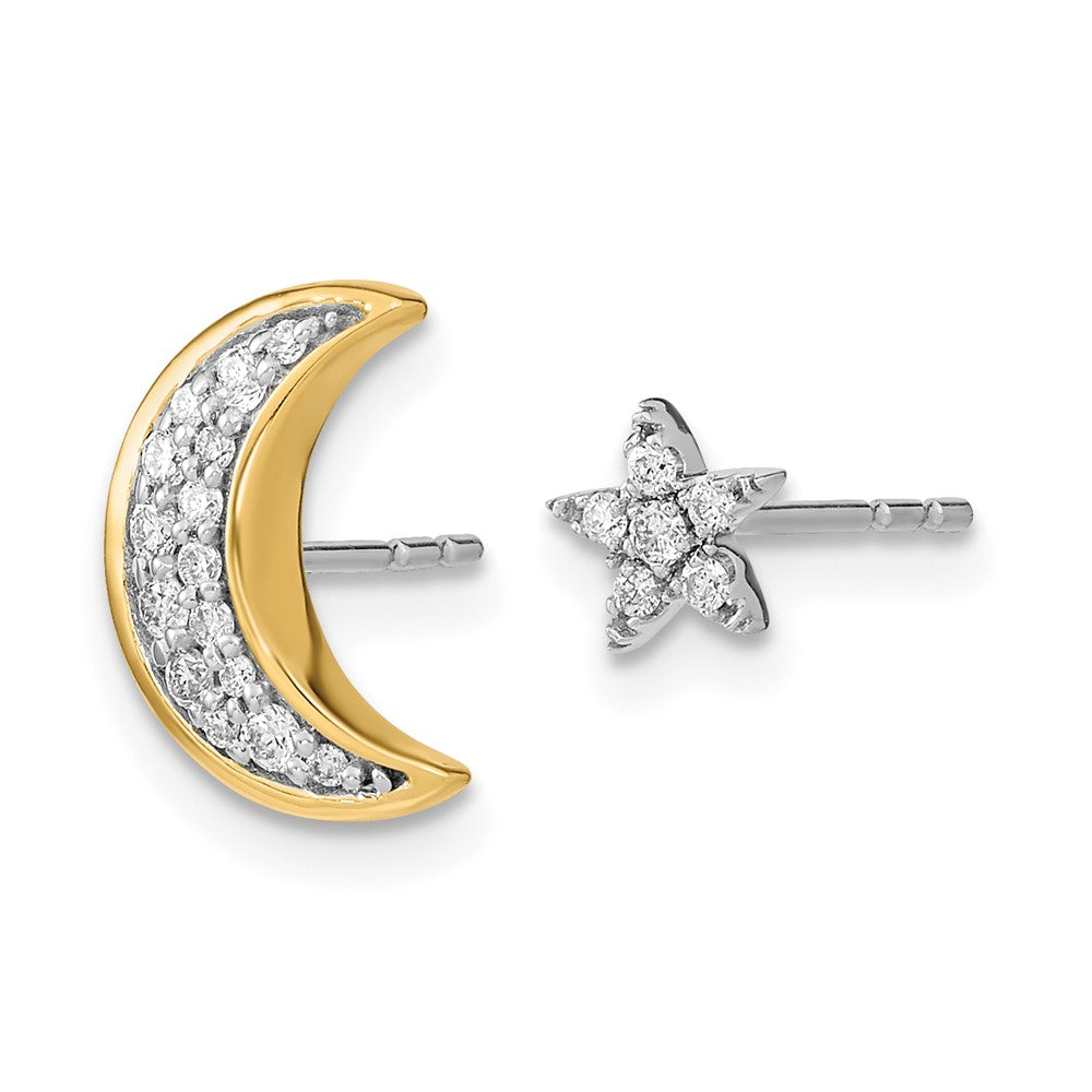 14k Two-tone Moon andStar Diamond Mis-match Post Earrings