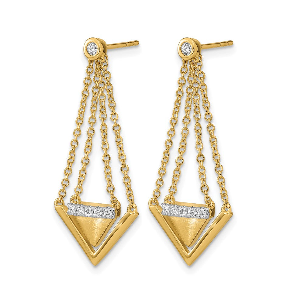 14k Satin/Polished 1/6 carat Diamond Triangle and Chain Dangle Post Earrings