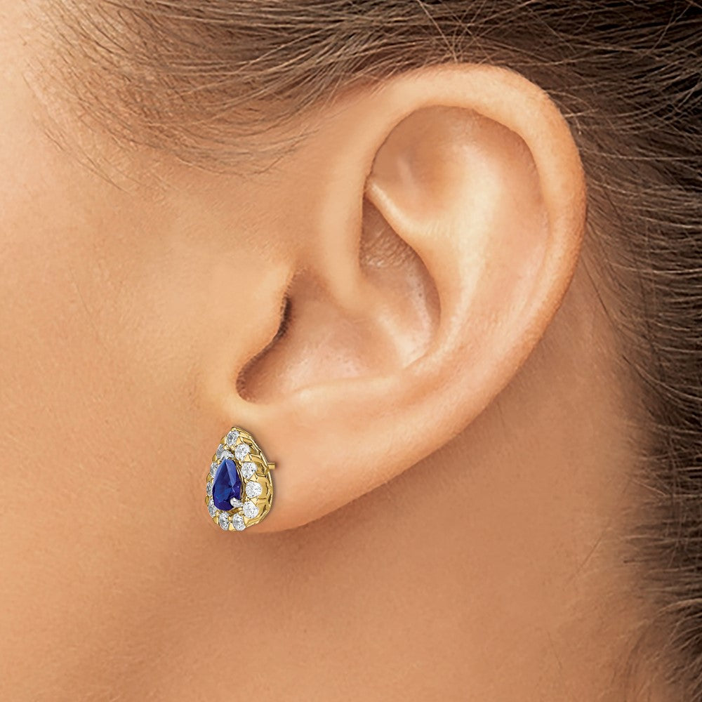 14k 6x4mm Pear Sapphire and 3/4 carat Diamond Halo Post Earrings
