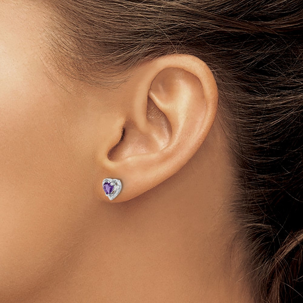 14k White Gold 4mm Heart Amethyst and Diamond Post Earrings