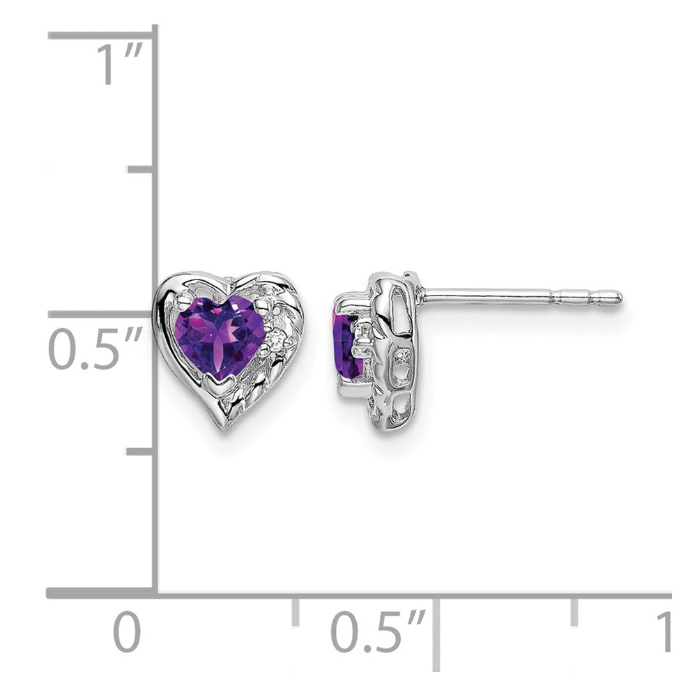 14k White Gold 4mm Heart Amethyst and Diamond Post Earrings