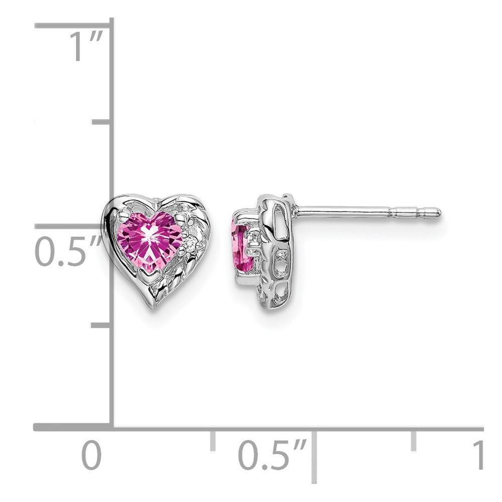 14k White Gold 4mm Heart Lab Created Pink Sapphire and Diamond Post Earrings