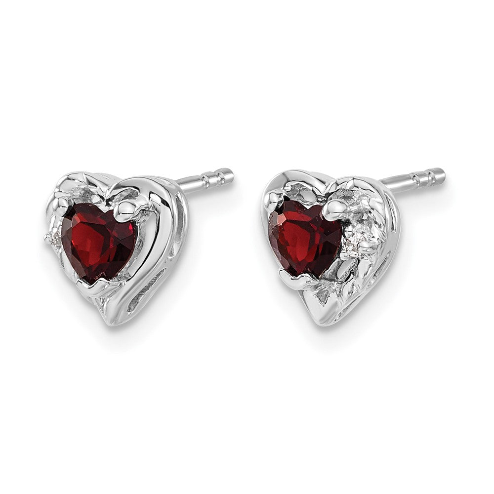 14k White Gold 4mm Heart Garnet and Diamond Post Earrings