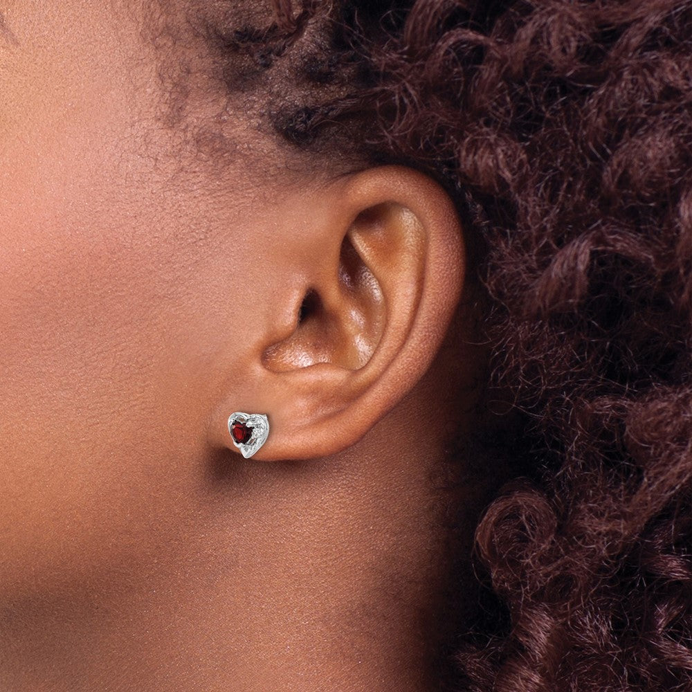 14k White Gold 4mm Heart Garnet and Diamond Post Earrings