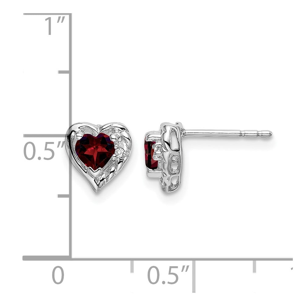 14k White Gold 4mm Heart Garnet and Diamond Post Earrings