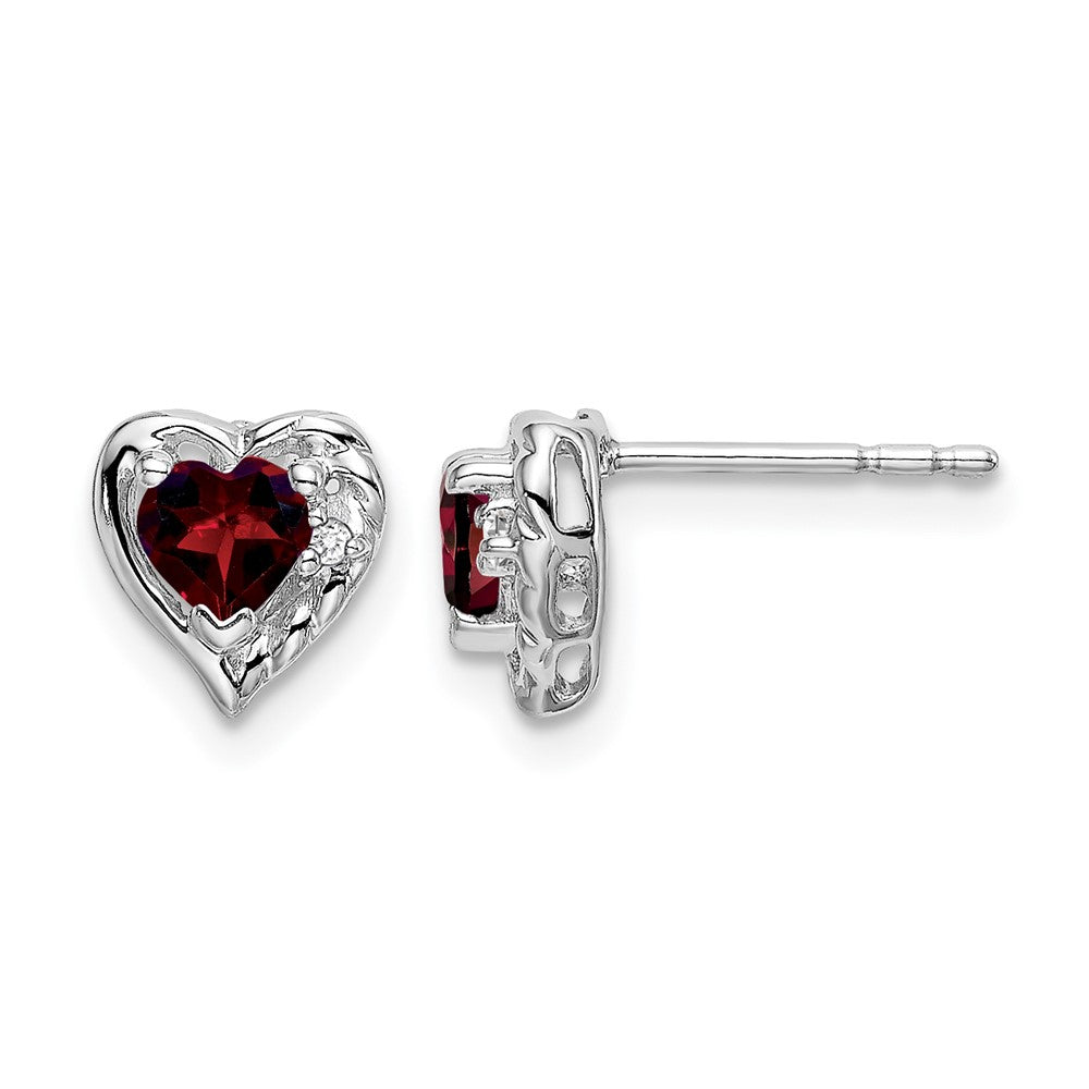 14k White Gold 4mm Heart Garnet and Diamond Post Earrings