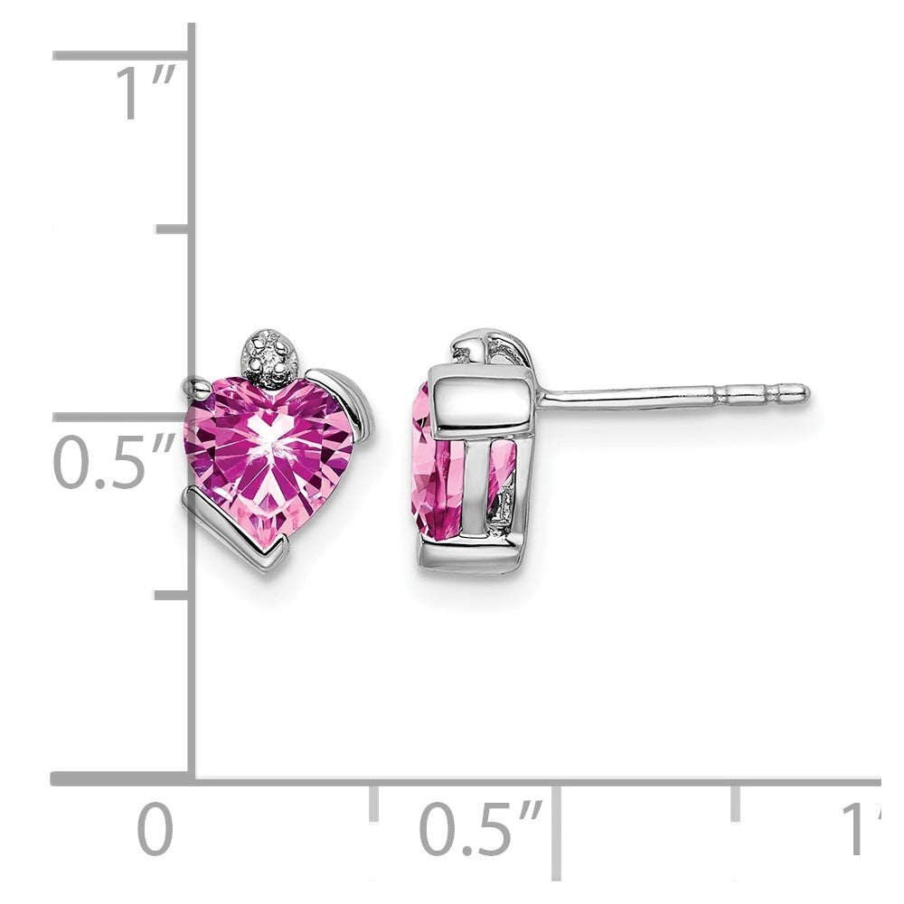 14k White Gold 6mm Heart Lab Created Pink Sapphire and Diamond Post Earrings