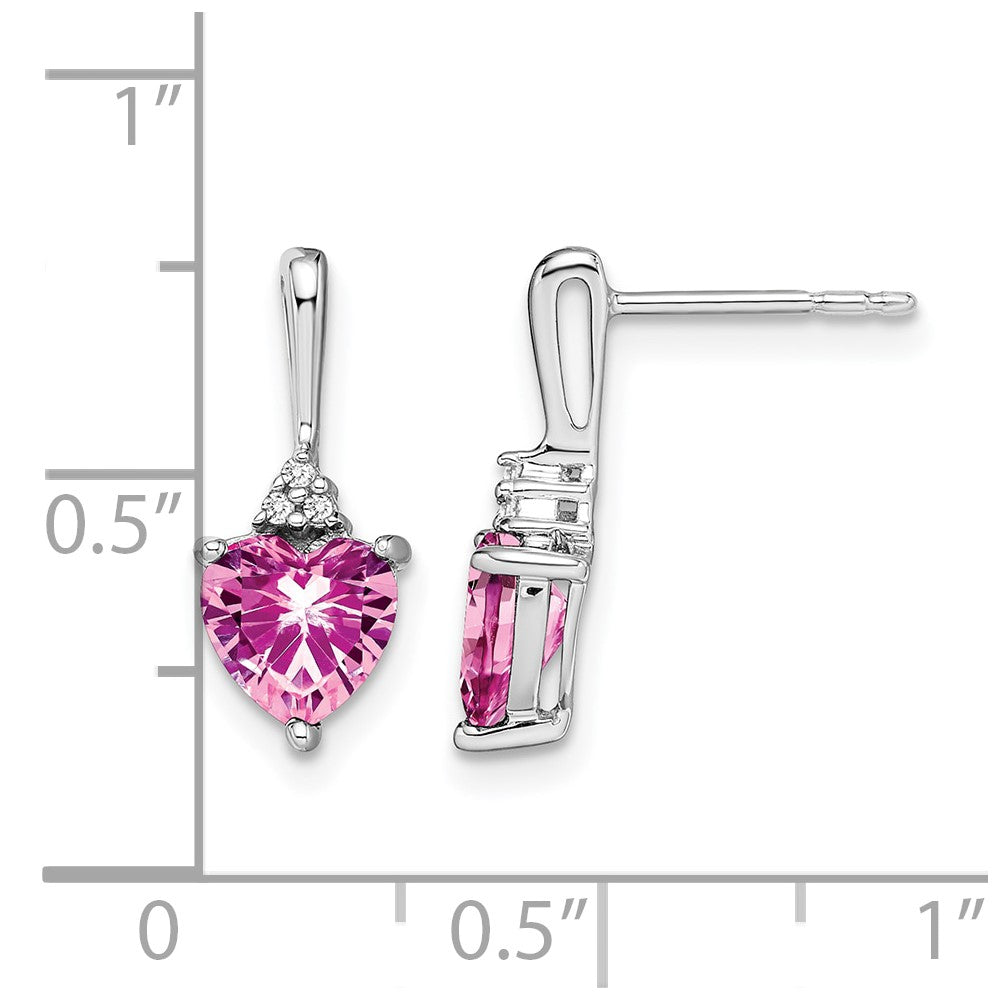 14k White Gold 6mm Heart Lab Created Pink Sapphire and Diamond Post Earrings