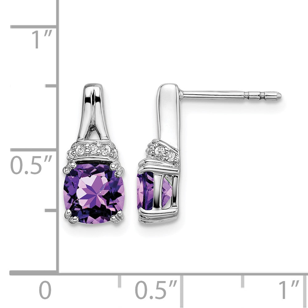 14k White Gold 6mm Cushion Amethyst and .07 carat Diamond Post Earrings