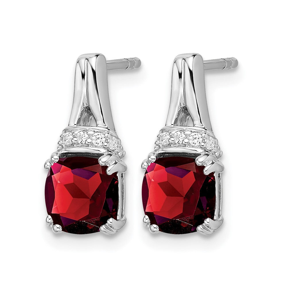 14k White Gold 6mm Cushion Garnet and .07 carat Diamond Post Earrings