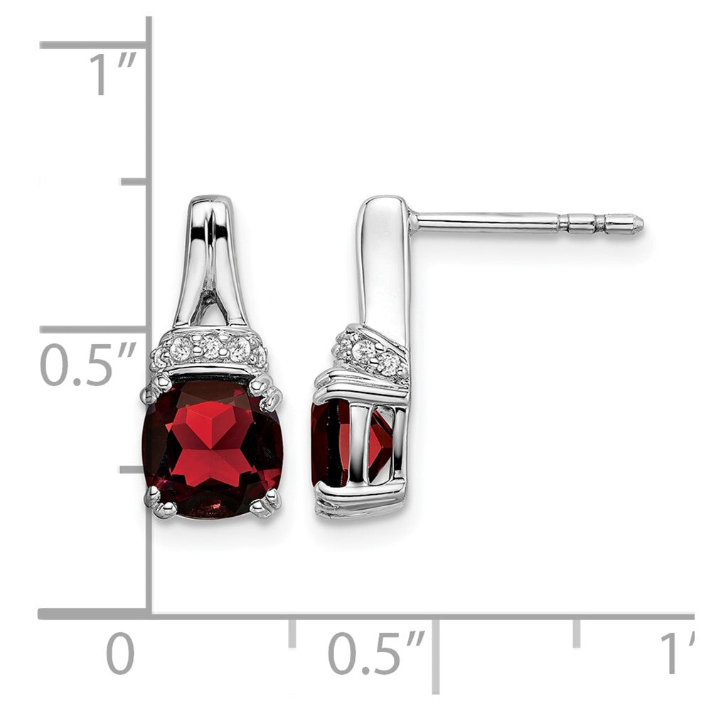 14k White Gold 6mm Cushion Garnet and .07 carat Diamond Post Earrings