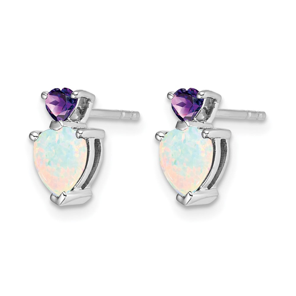 14k White Gold 6mm Heart Lab Created Opal and Amethyst Post Earrings