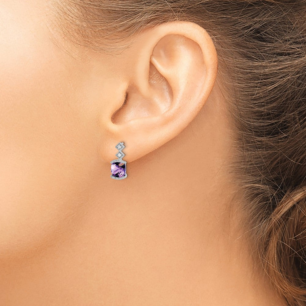 14k White Gold 6mm Cushion Amethyst and .04 carat Diamond Post Earrings