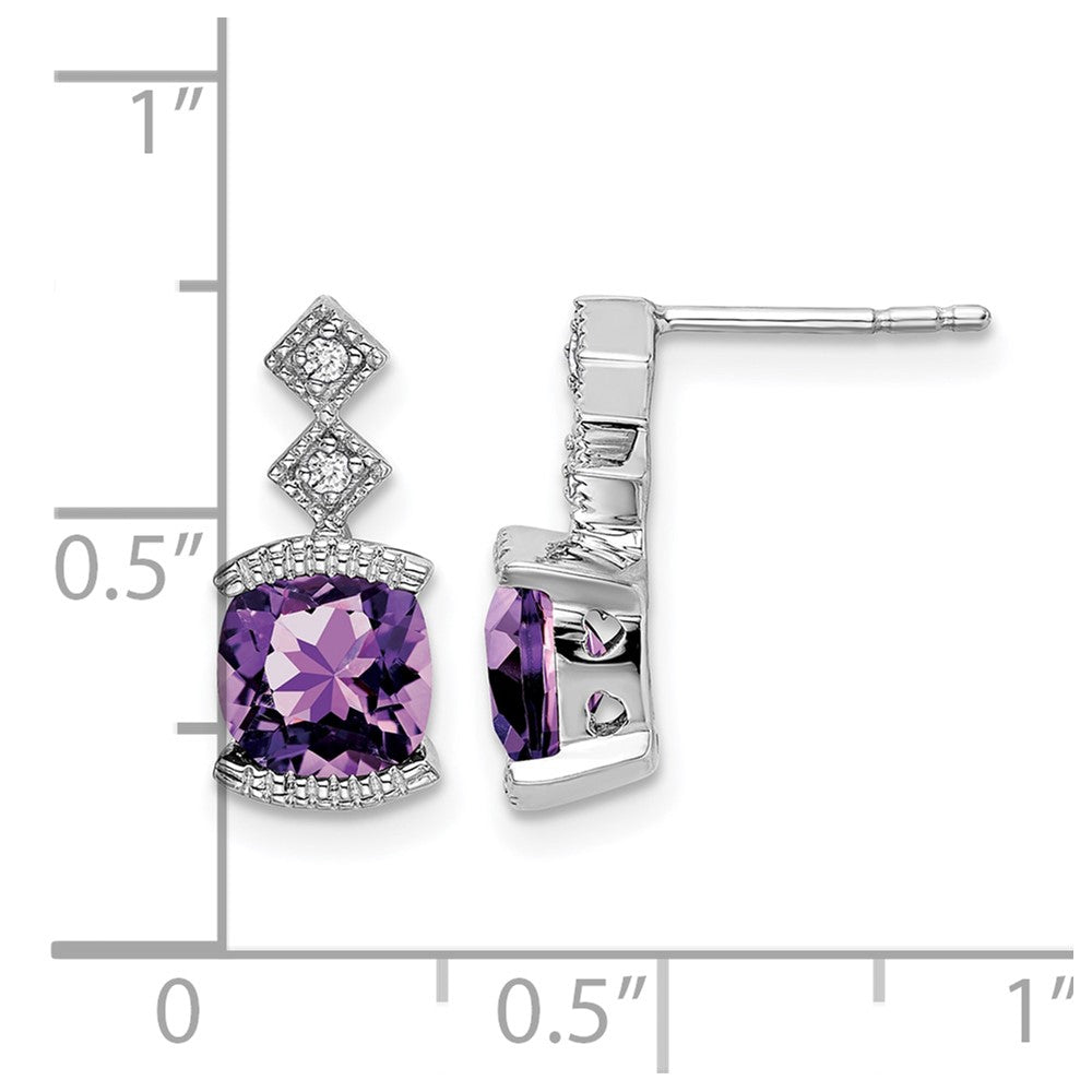 14k White Gold 6mm Cushion Amethyst and .04 carat Diamond Post Earrings