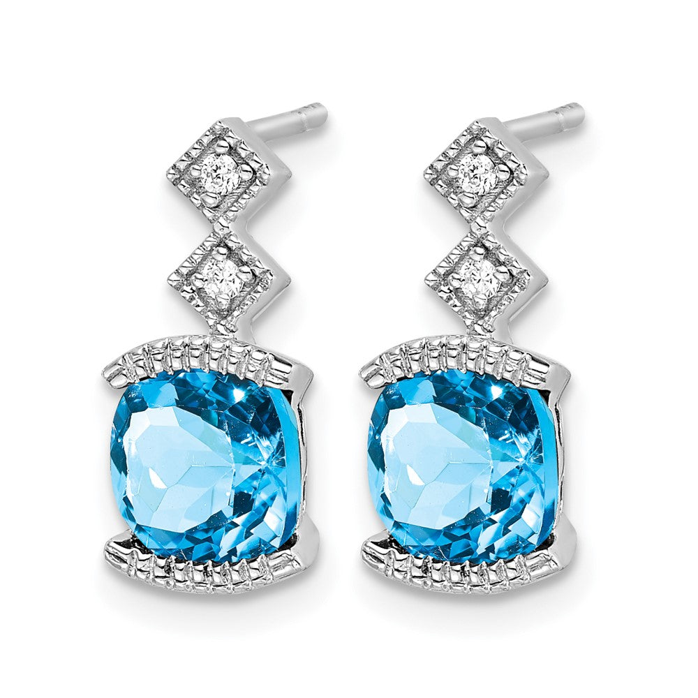 14k White Gold 6mm Cushion Blue Topaz and .04 carat Diamond Post Earrings