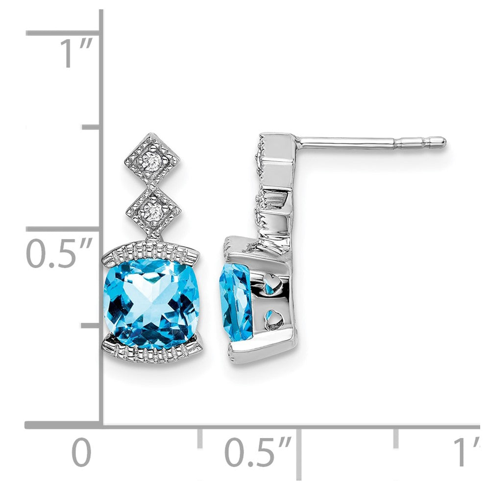 14k White Gold 6mm Cushion Blue Topaz and .04 carat Diamond Post Earrings