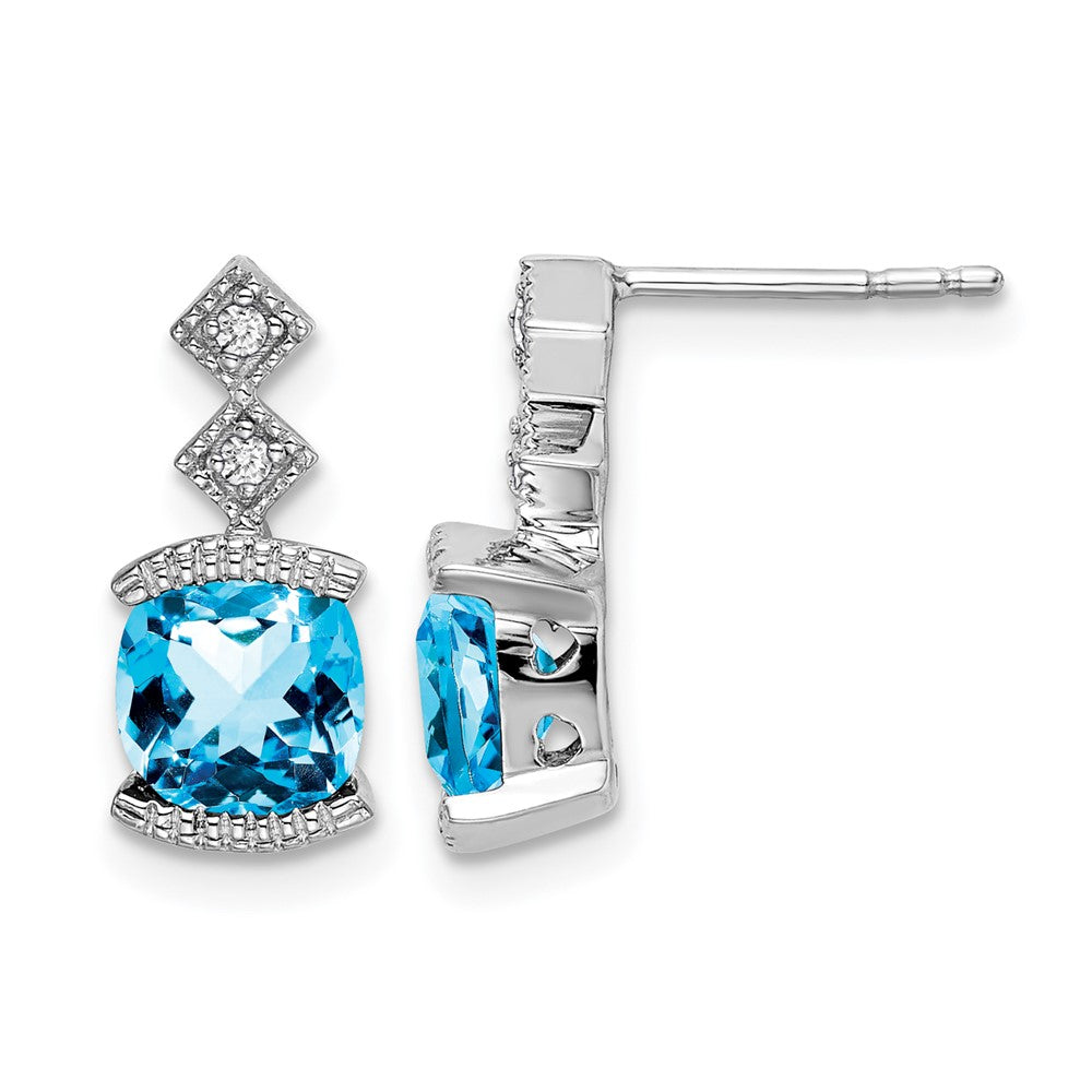 14k White Gold 6mm Cushion Blue Topaz and .04 carat Diamond Post Earrings