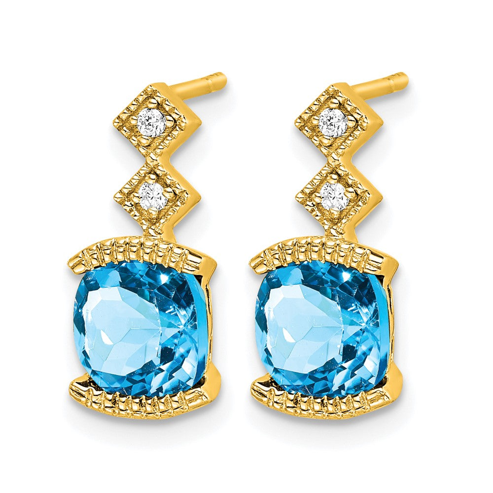 14k 6mm Cushion Blue Topaz and .04 carat Diamond Post Earrings