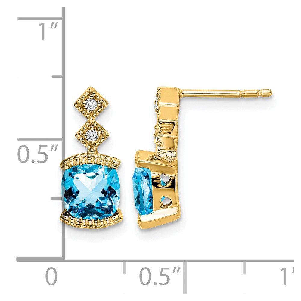 14k 6mm Cushion Blue Topaz and .04 carat Diamond Post Earrings