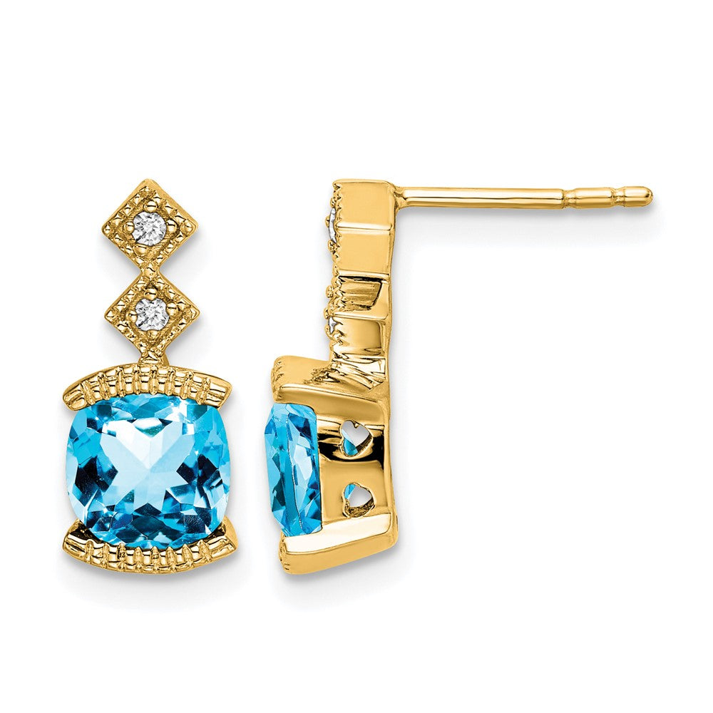 14k 6mm Cushion Blue Topaz and .04 carat Diamond Post Earrings