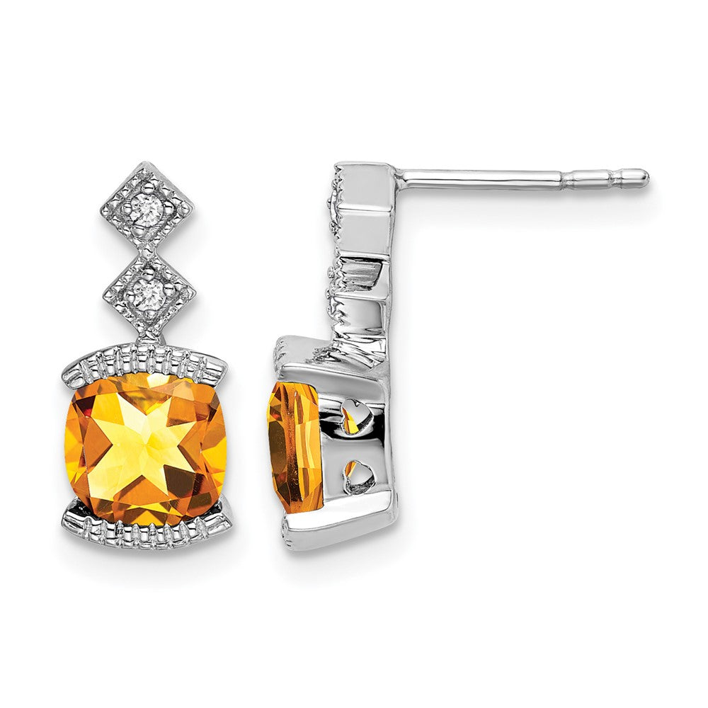 14k White Gold 6mm Cushion Citrine and .04 carat Diamond Post Earrings