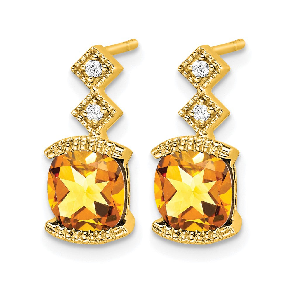 14k 6mm Cushion Citrine and .04 carat Diamond Post Earrings
