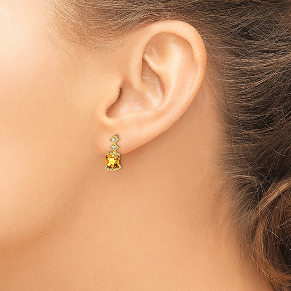 14k 6mm Cushion Citrine and .04 carat Diamond Post Earrings