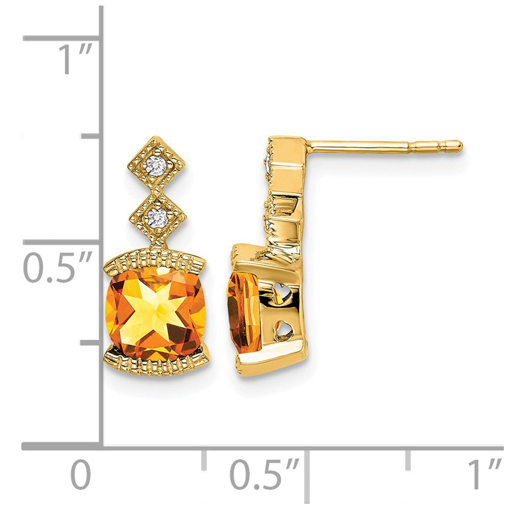 14k 6mm Cushion Citrine and .04 carat Diamond Post Earrings