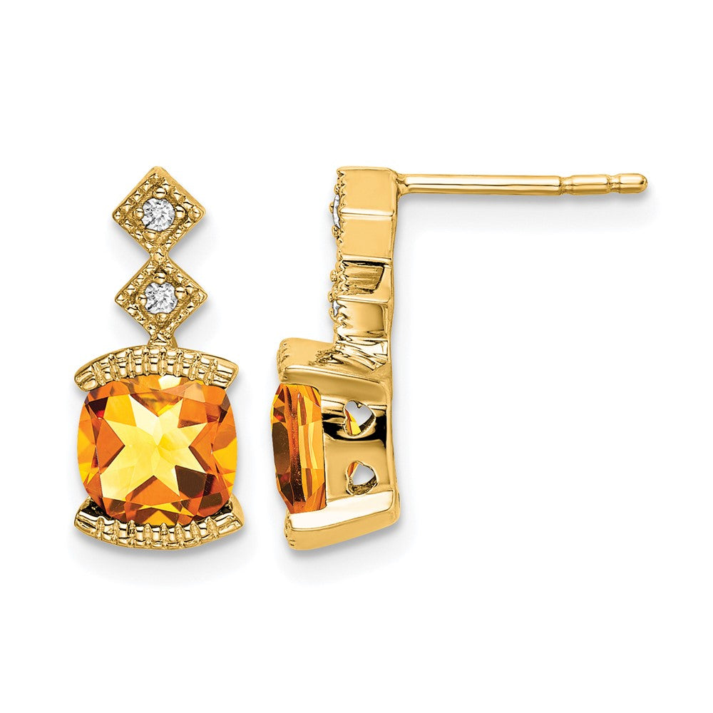 14k 6mm Cushion Citrine and .04 carat Diamond Post Earrings