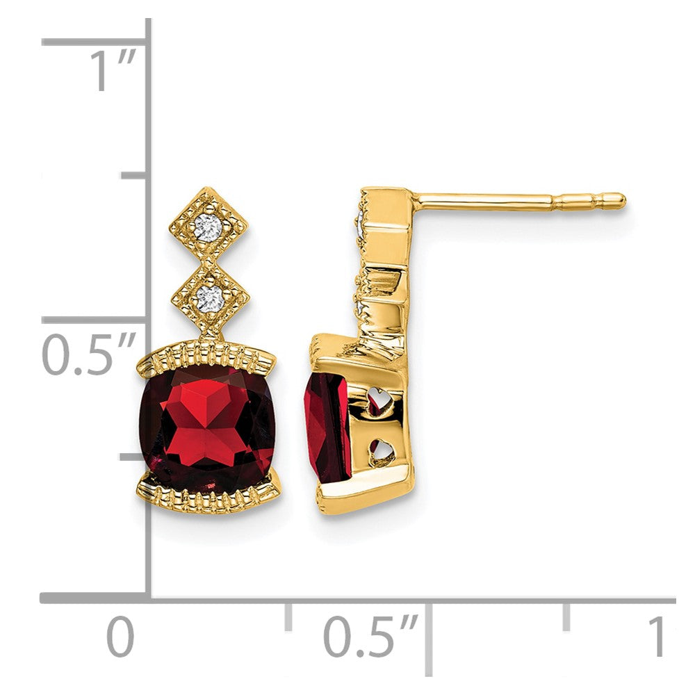 14k 6mm Cushion Garnet and .04 carat Diamond Post Earrings