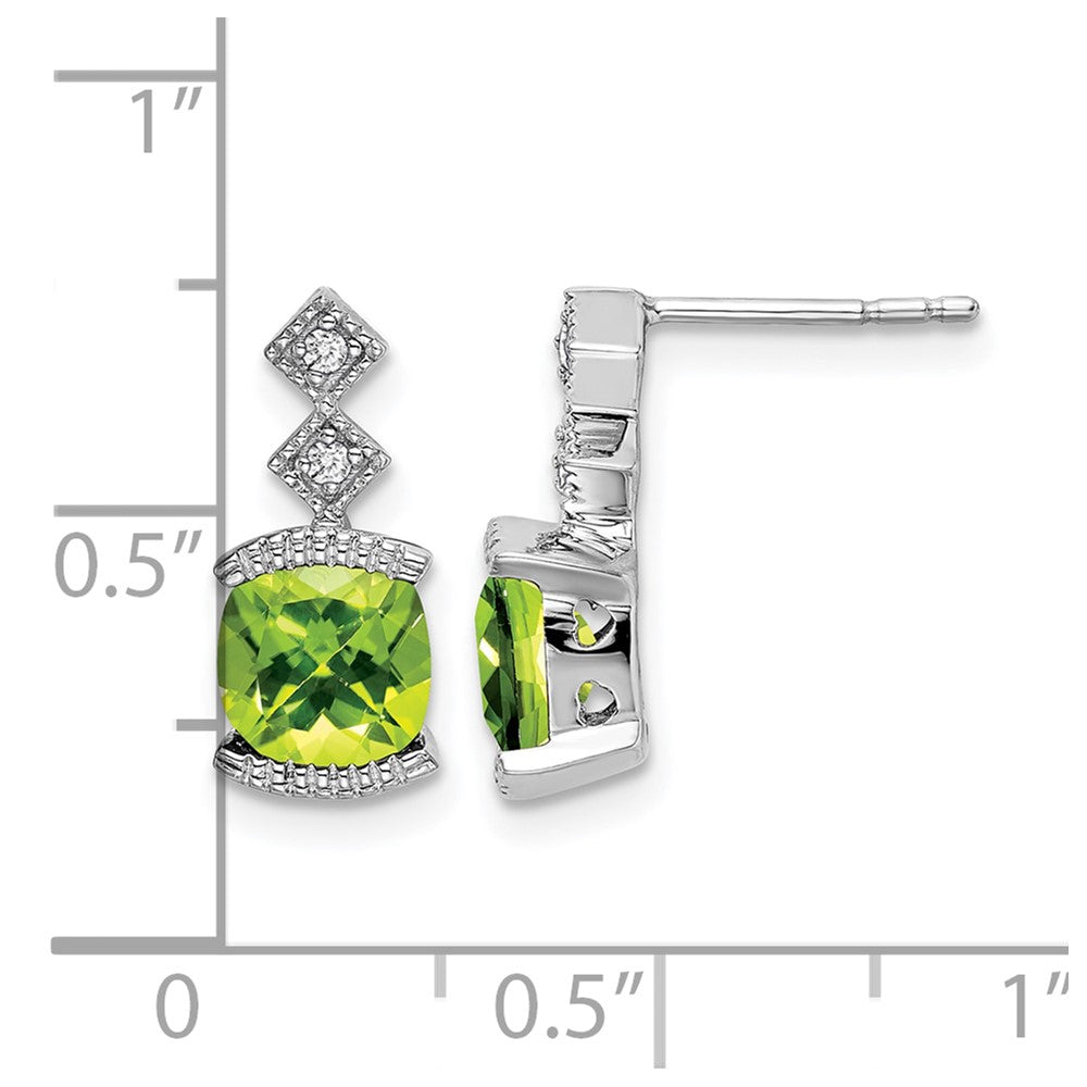 14k White Gold 6mm Cushion Peridot and .04 carat Diamond Post Earrings