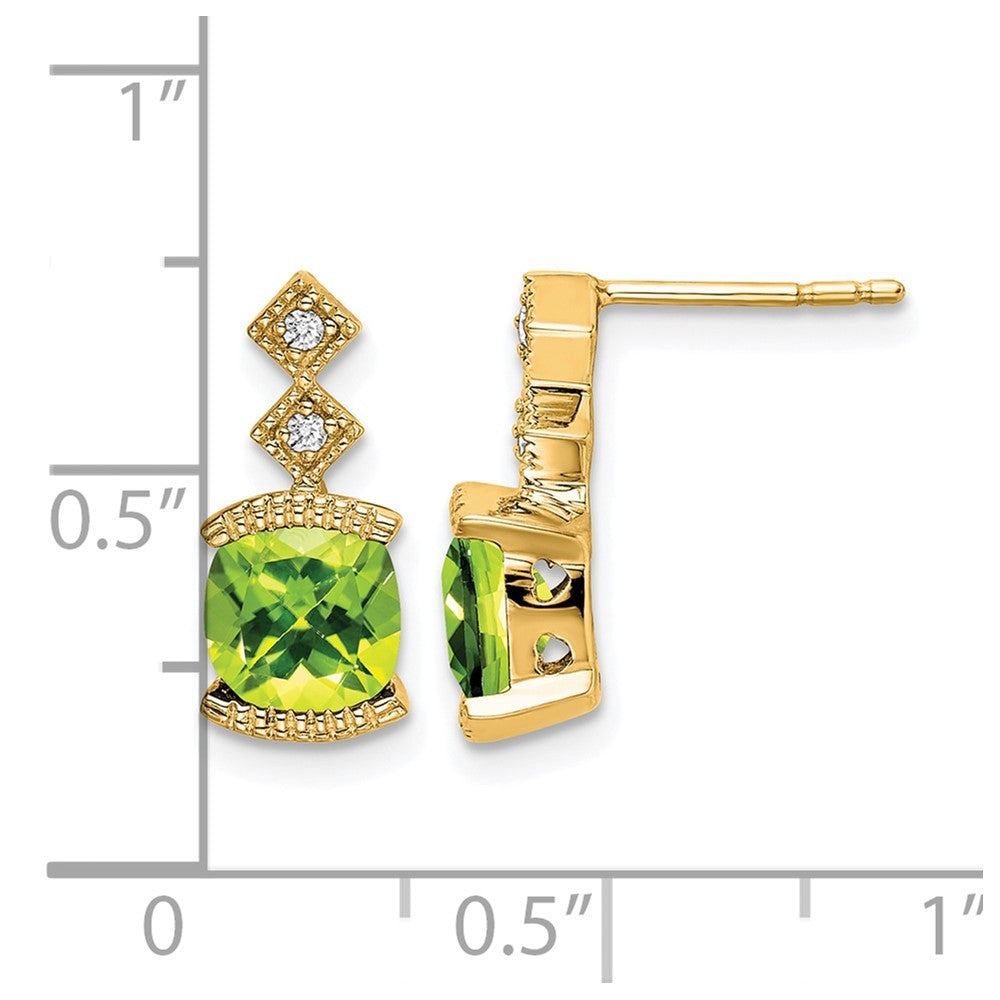 14k 6mm Cushion Peridot and .04 carat Diamond Post Earrings