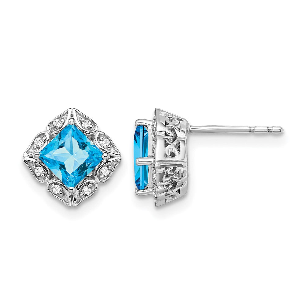 14k White Gold 5mm Square Blue Topaz and .08 carat Diamond Post Earrings