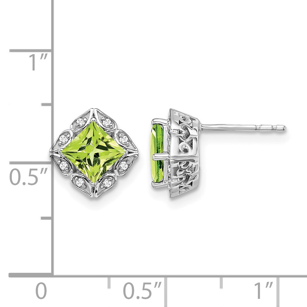 14k White Gold 5mm Square Peridot and .08 carat Diamond Post Earrings