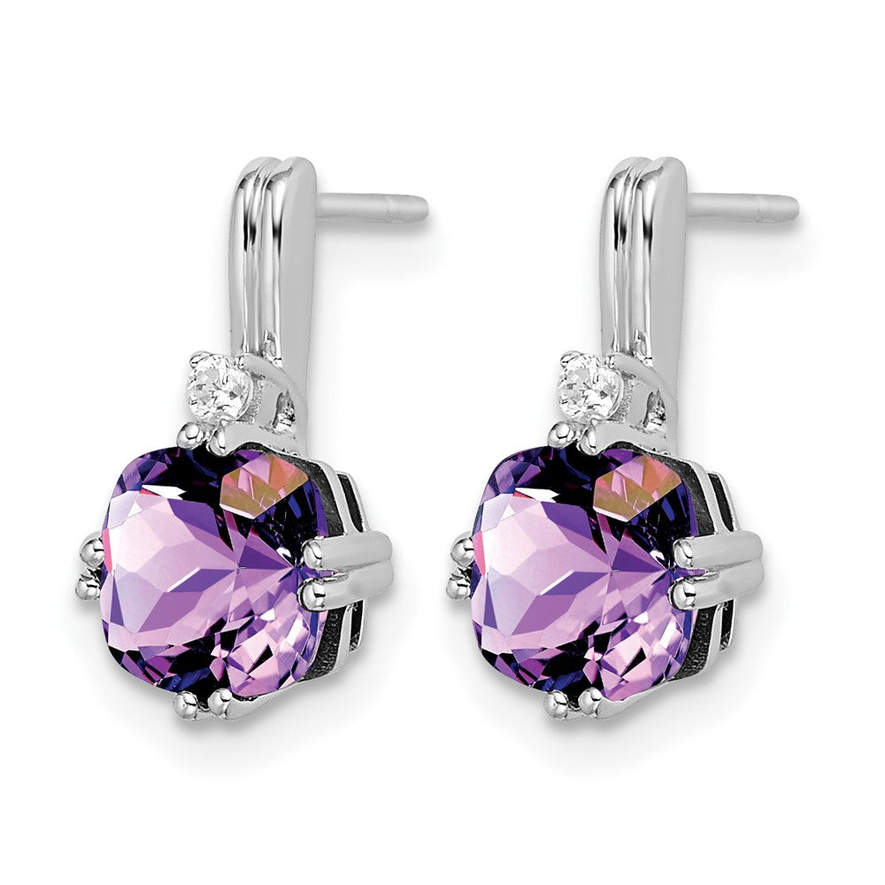 14k White Gold 6mm Cushion Amethyst and .04 carat Diamond Post Earrings