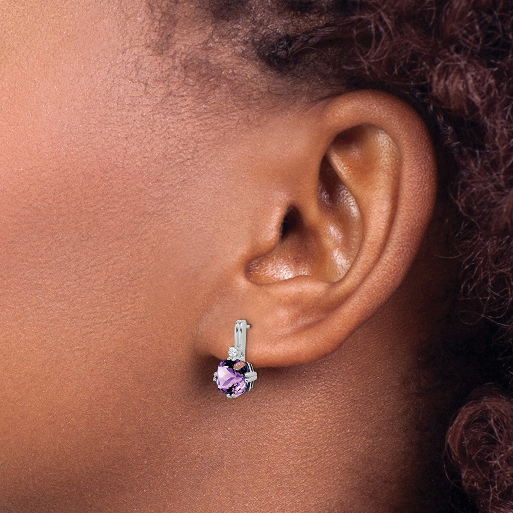 14k White Gold 6mm Cushion Amethyst and .04 carat Diamond Post Earrings
