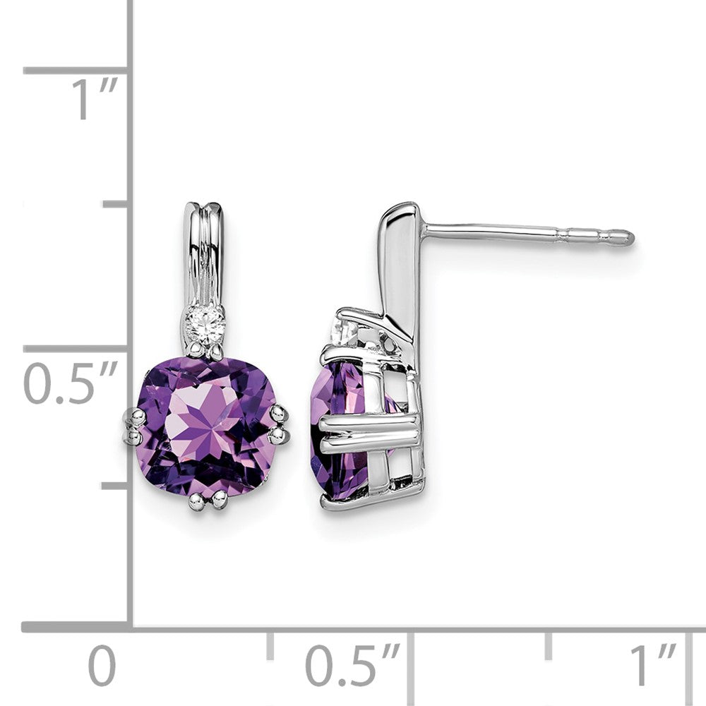 14k White Gold 6mm Cushion Amethyst and .04 carat Diamond Post Earrings