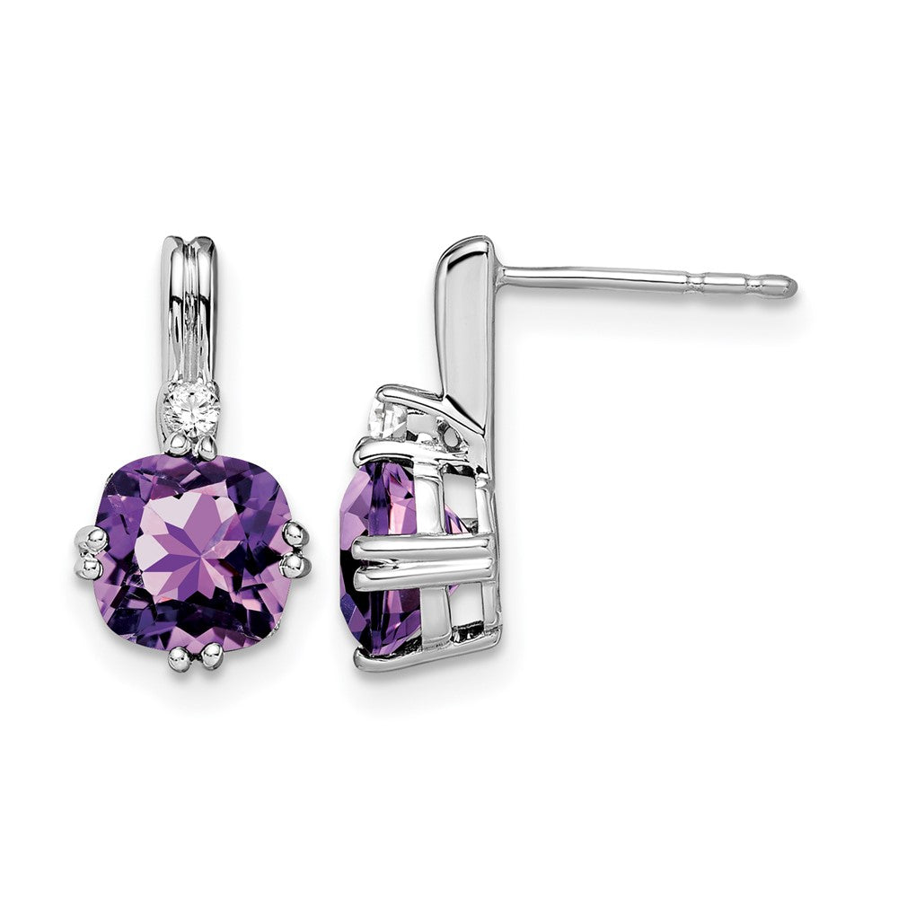 14k White Gold 6mm Cushion Amethyst and .04 carat Diamond Post Earrings