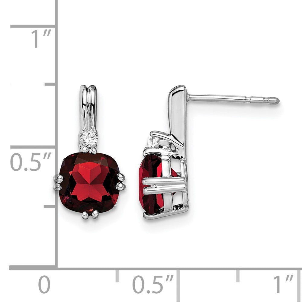 14k White Gold 6mm Cushion Garnet and .04 carat Diamond Post Earrings