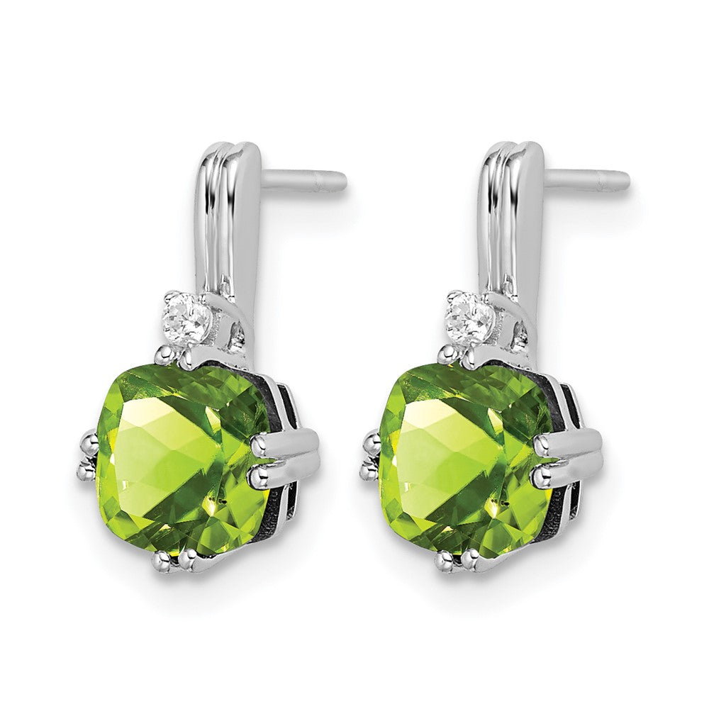 14k White Gold 6mm Cushion Peridot and .04 carat Diamond Post Earrings