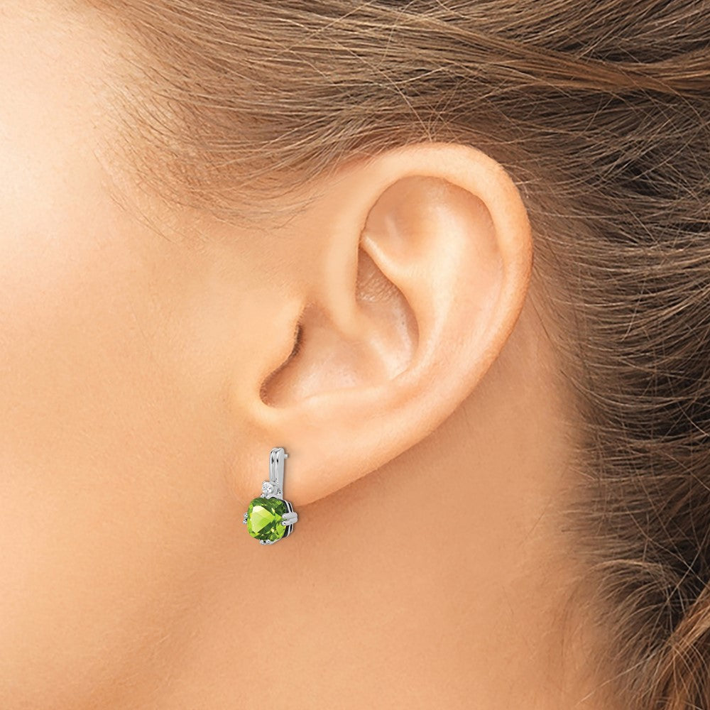 14k White Gold 6mm Cushion Peridot and .04 carat Diamond Post Earrings