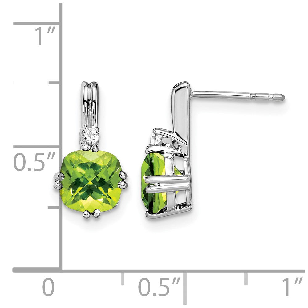 14k White Gold 6mm Cushion Peridot and .04 carat Diamond Post Earrings