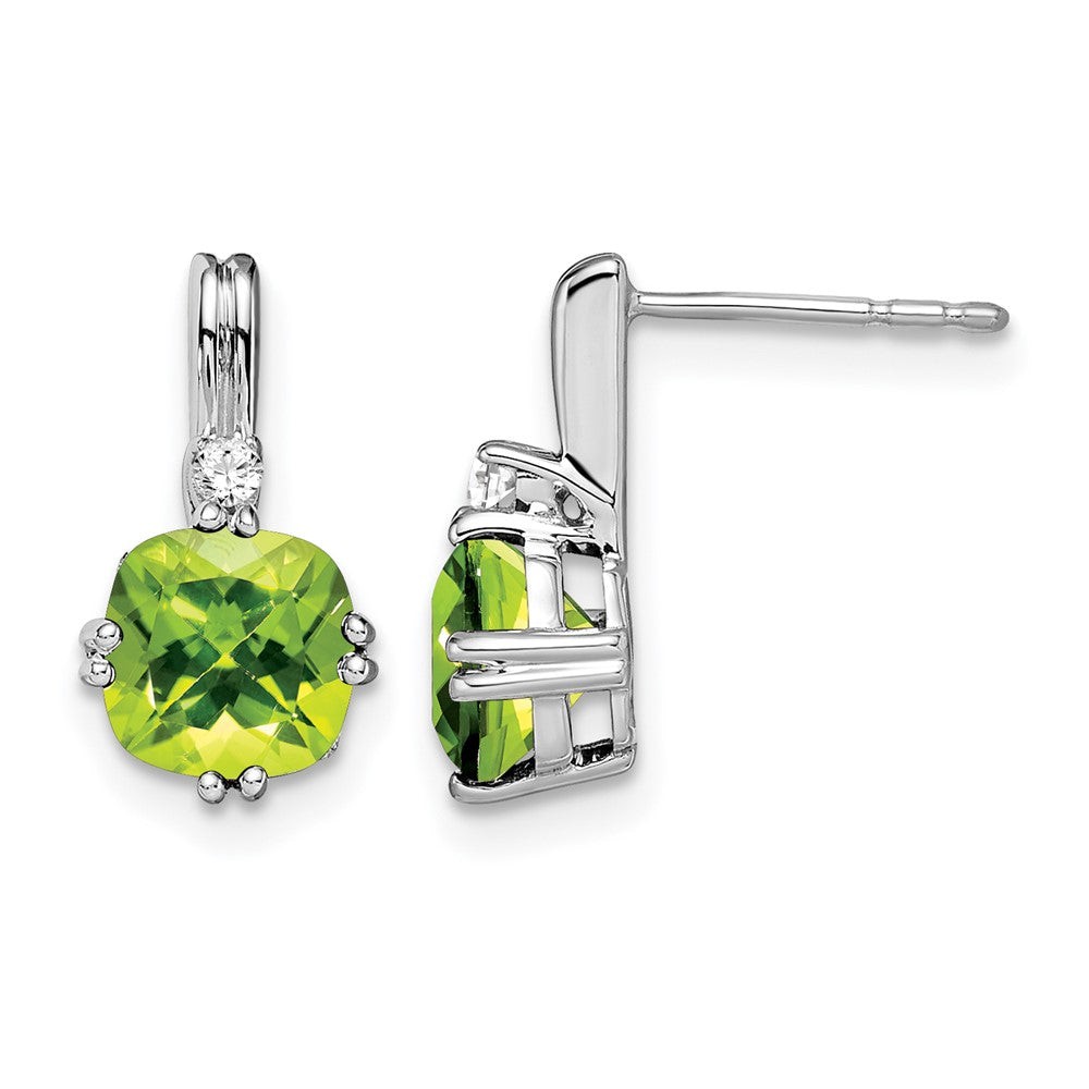 14k White Gold 6mm Cushion Peridot and .04 carat Diamond Post Earrings