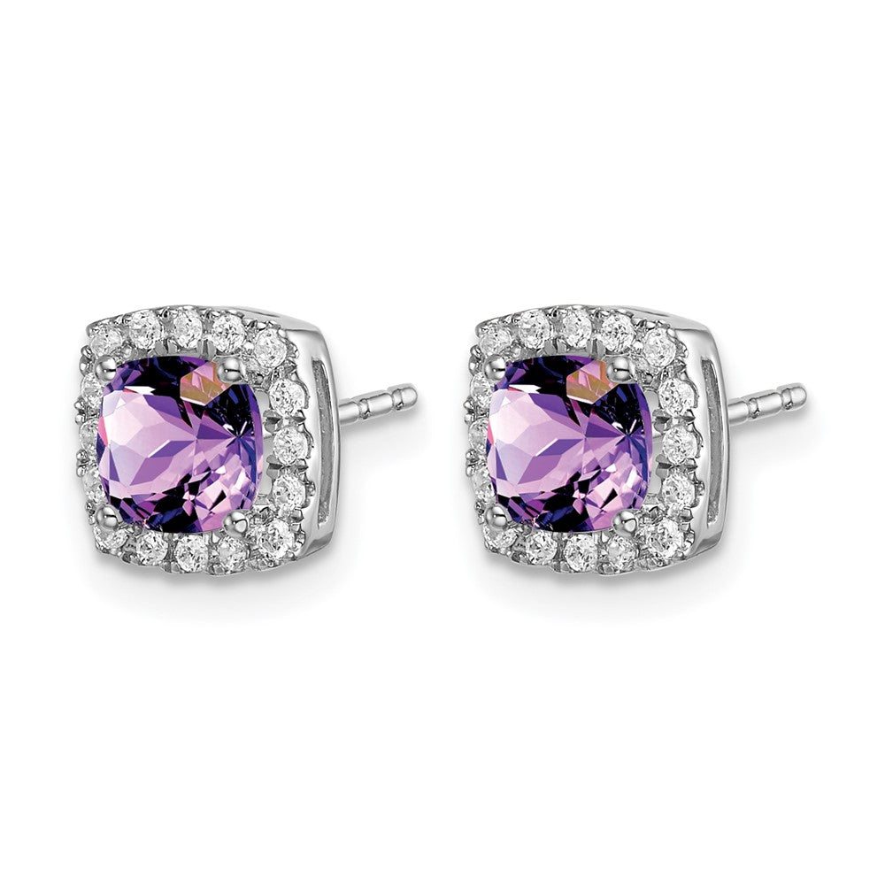 14k White Gold 5mm Cushion Amethyst and .19 carat Diamond Halo Post Earrings